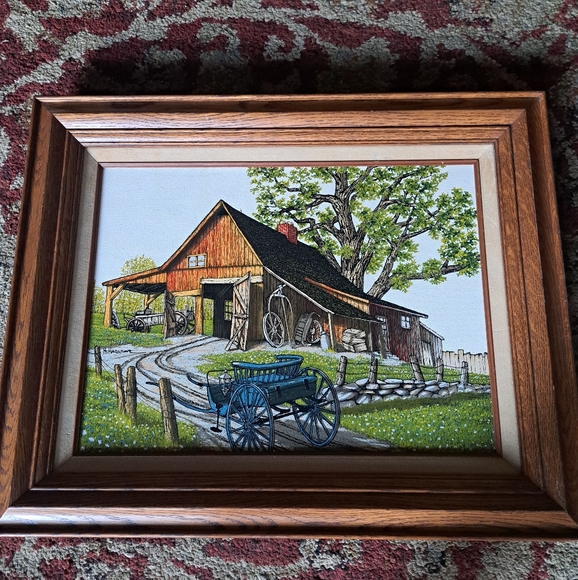 Rare Vtg H. Hargrove Signed, Matted Framed Oil Painting- Barn,Blue Cart/Buggy - Picture 1 of 13